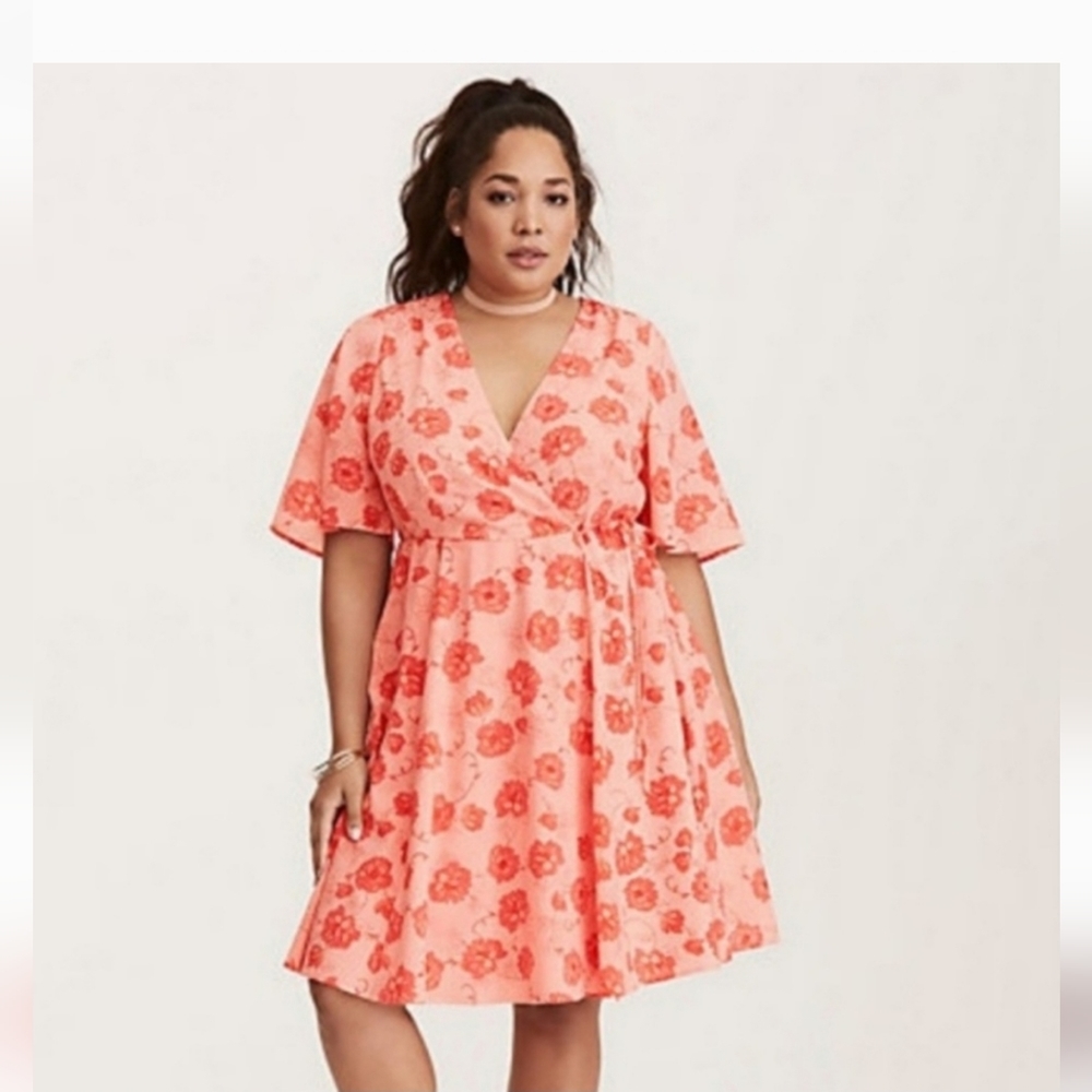 Torrid Pink Floral Georgette Faux Wrap Dress Flutter Sleeves Size 12 (Large)